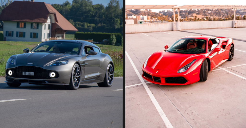 Side by side of an Aston Martin Vanquish and a Ferrari 488