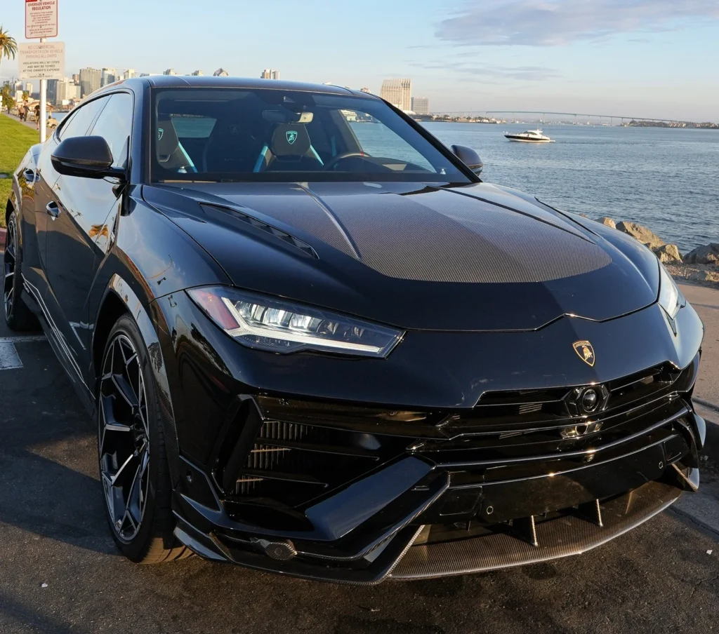 Black Lamborghini Urus Performante rental in San Diego - front three-quarter view