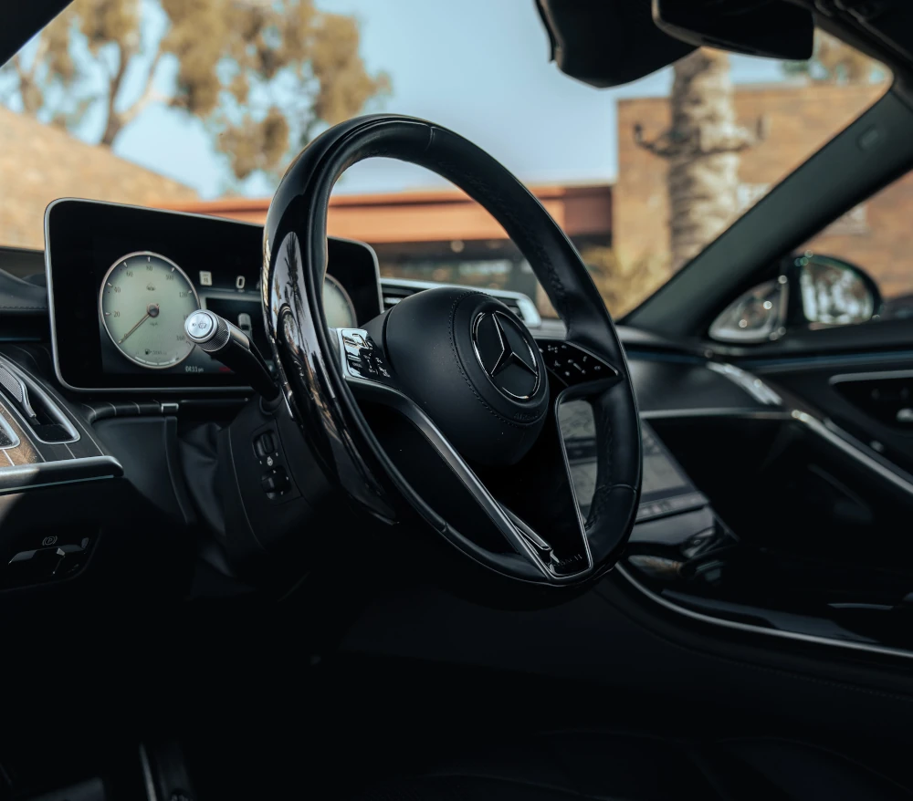 Mercedes-Maybach S580 Night Series driver cockpit with steering wheel and digital display